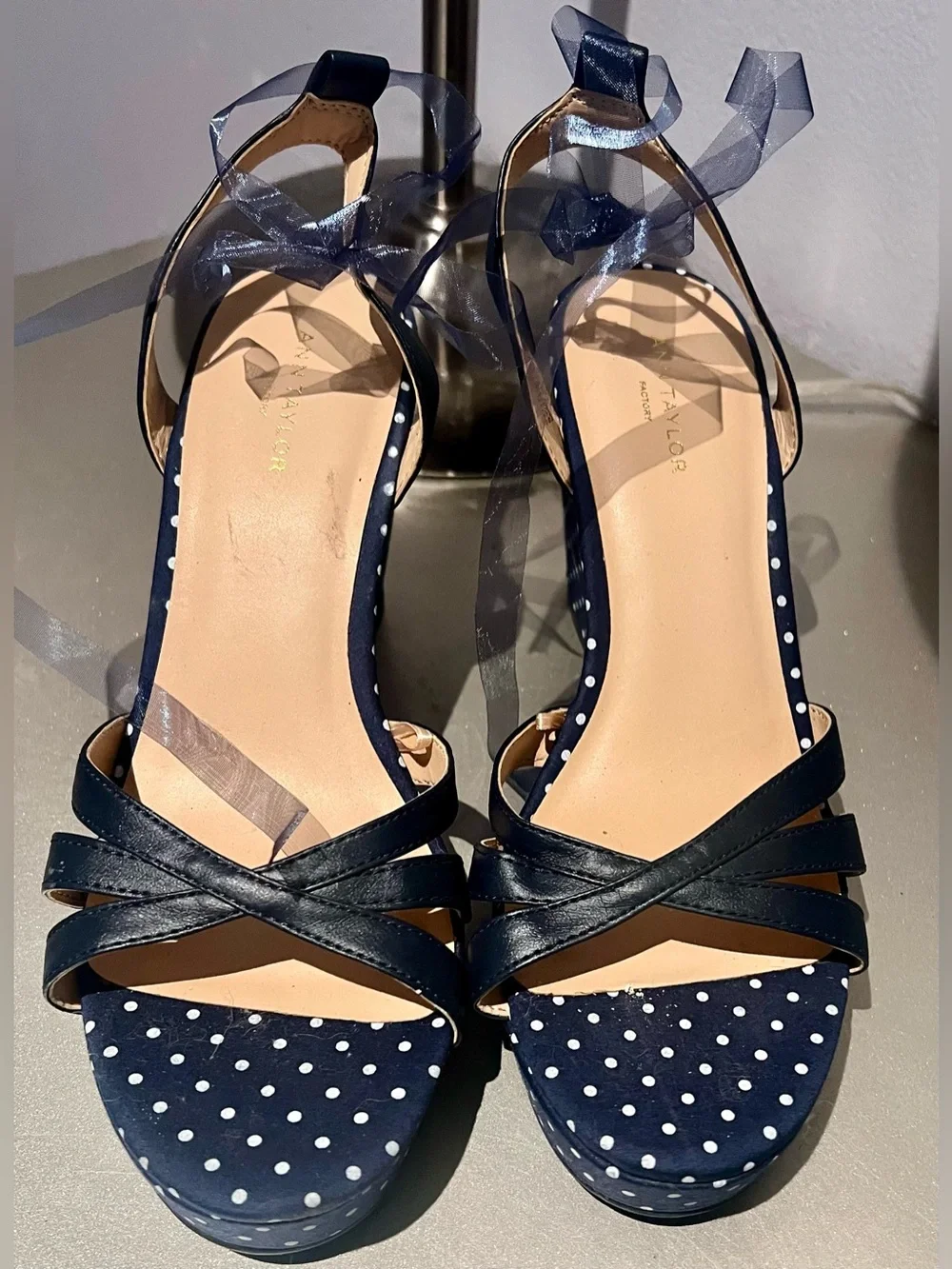 Taylor Navy Polka Dot Wedge Sandals with Clear Ankle Ties